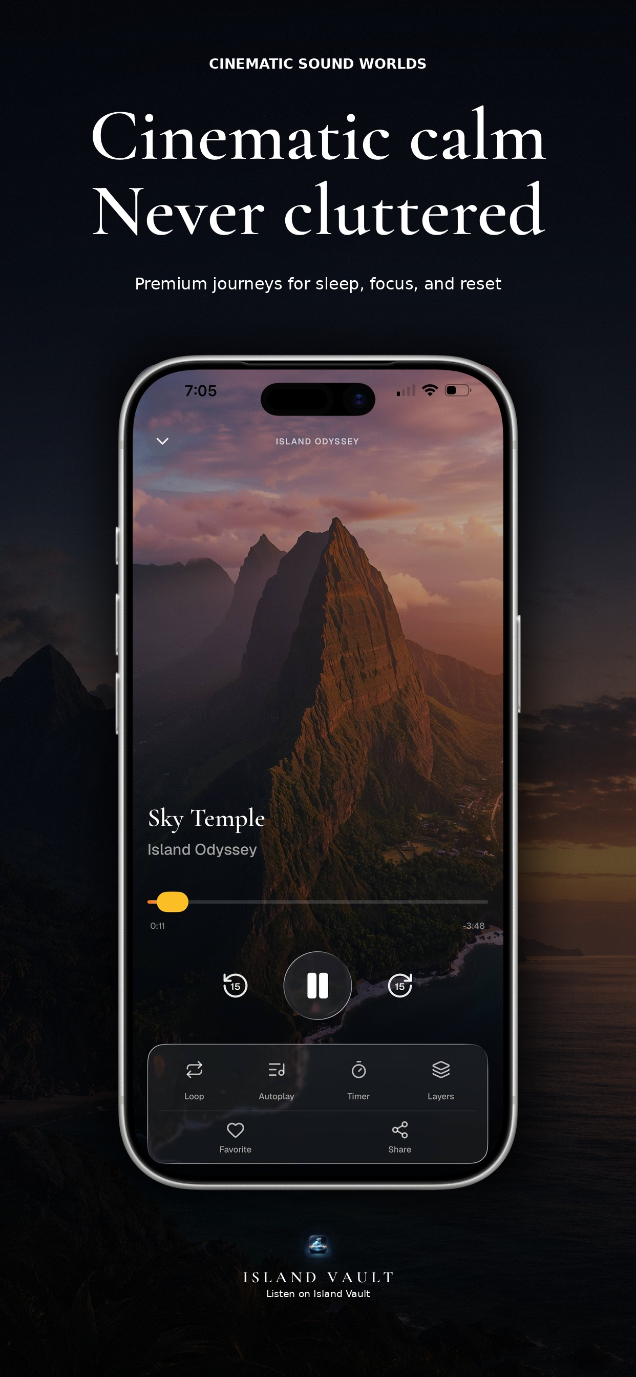Island Vault App Store screenshot for cinematic calm